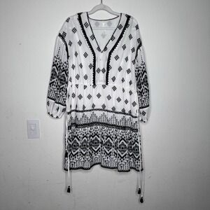 Anthropologie Francine Eyelet Mini Dress White Black Embroidered Tie Medium P
